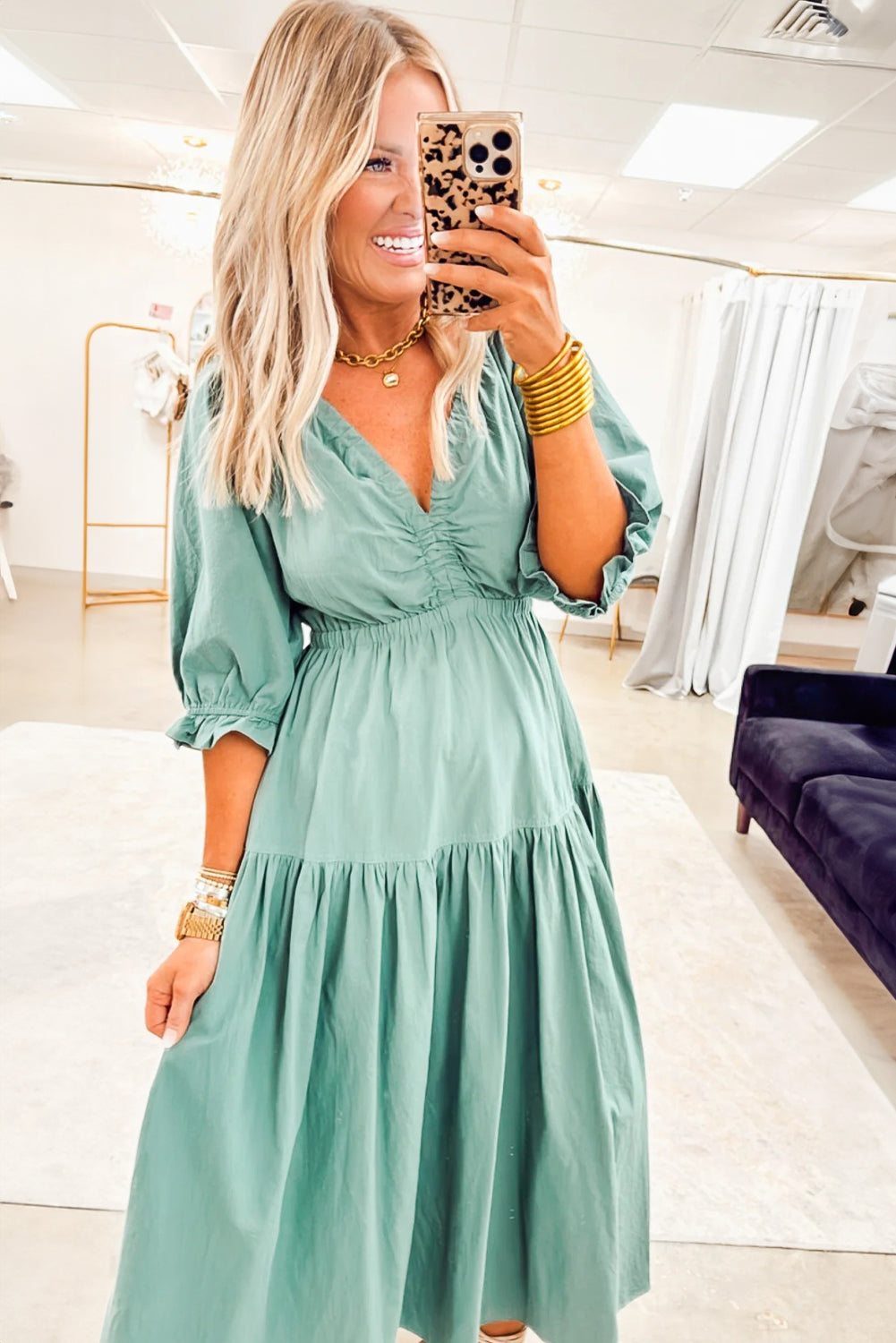 Elegant Women's Canton Color Flared Long Dress with V-Neck, Frilled Puff Sleeves, and Cinched Waist for Summer Style