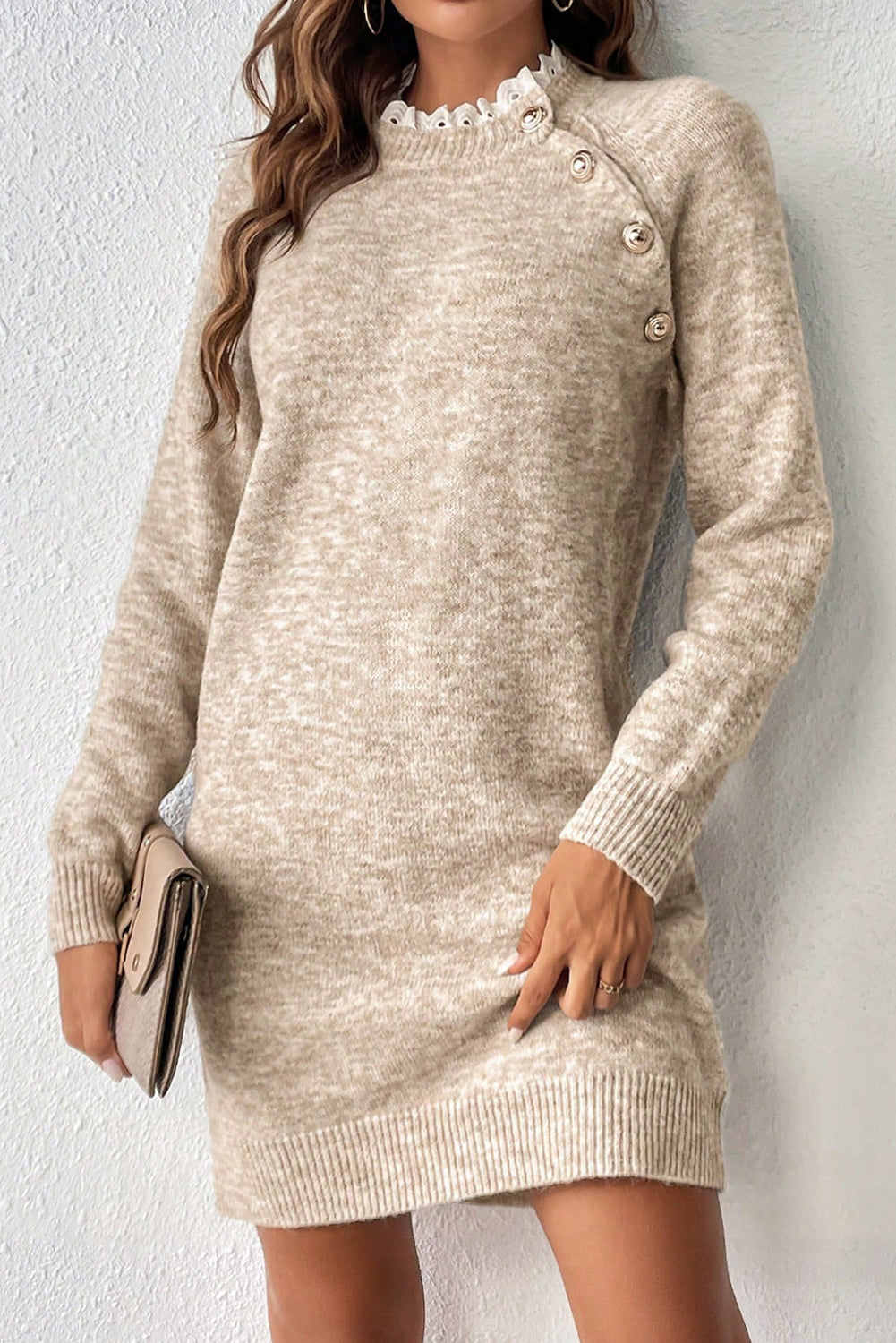 Women's Mini Sweater Dress in Parchment with Lace Details, Button Accents, and Raglan Sleeves for Effortless Chic