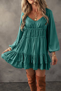 Women's Mist Green Puff Sleeve Mini Dress - Tiered Ruffled Design, Loose Fit, Ideal for Summer Outings and Casual Events
