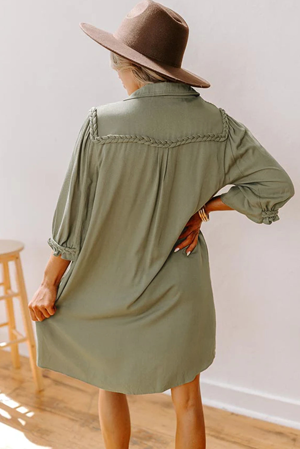 Women's Stylish Solid Color 3/4 Sleeve Mini Shirt Dress with Braided Detail and Four Leaf Clover Design