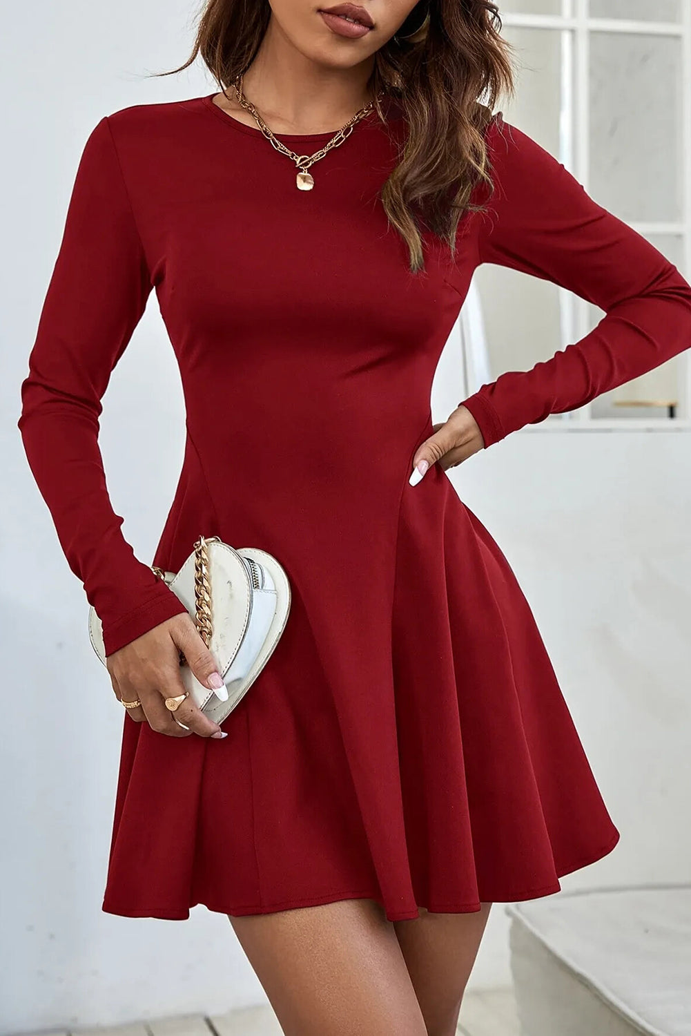 Elegant Women's Red Dahlia Long Sleeve Fit-and-Flare Mini Dress - Perfect for Casual Spring & Summer Events