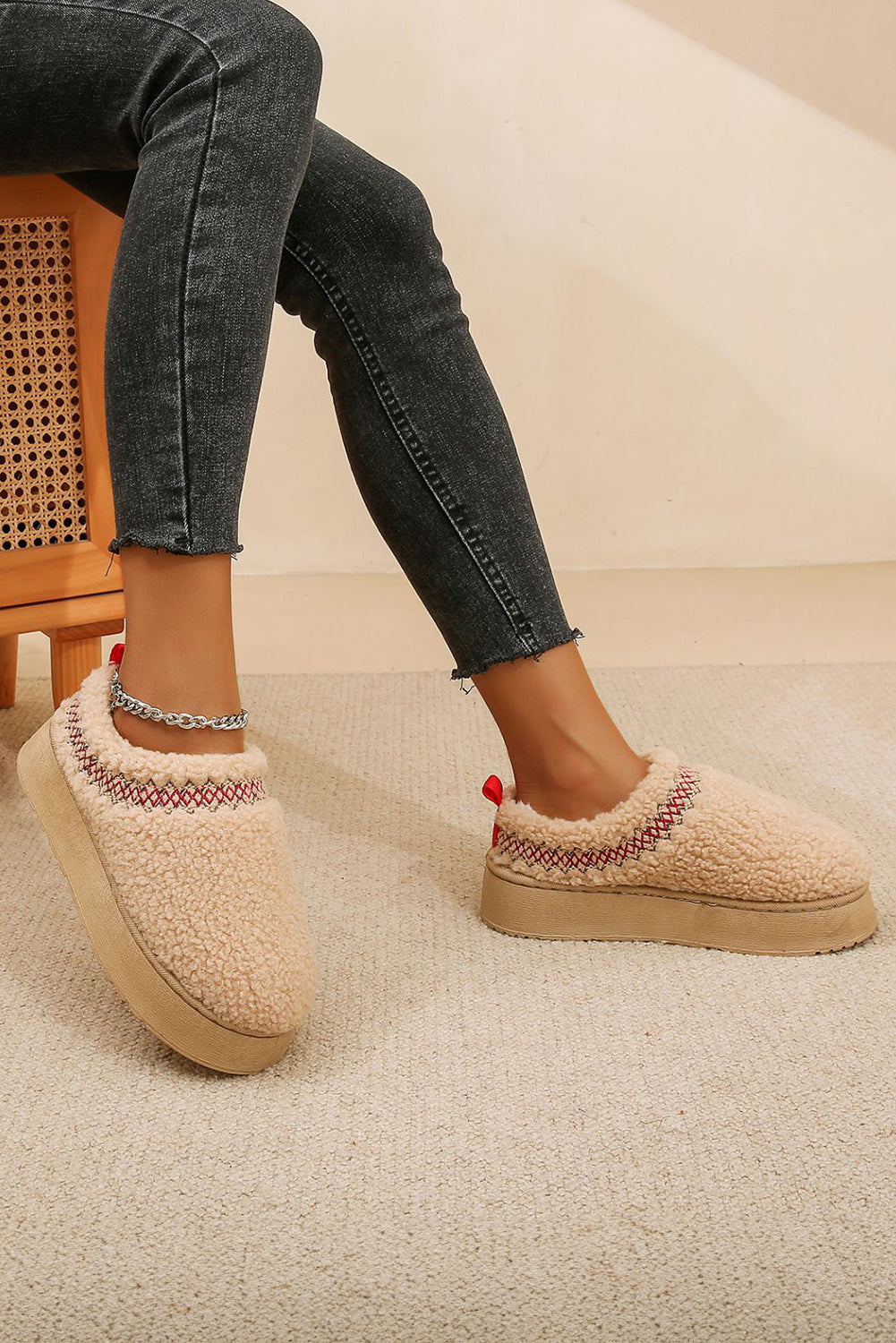 Cozy Women's Oatmeal Sherpa Snow Boots with Embroidery and Thick Sole for Stylish Winter Comfort