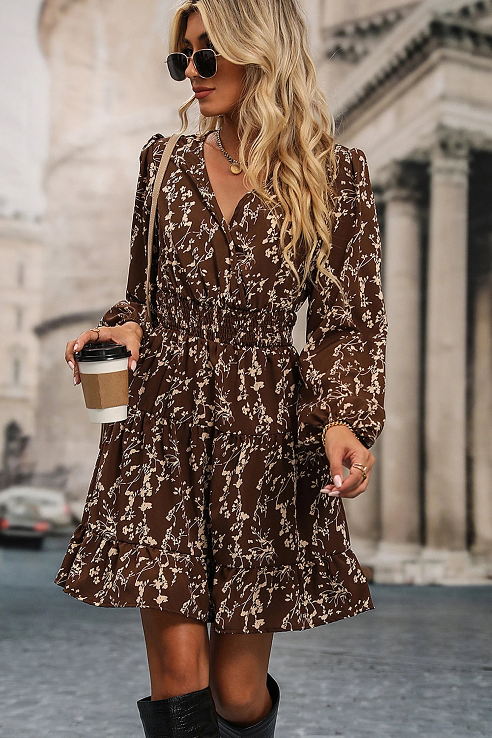 Women's Brown Floral Mini Dress with Long Sleeves, Shirred Waist, and Split Neck for a Flattering Summer Look