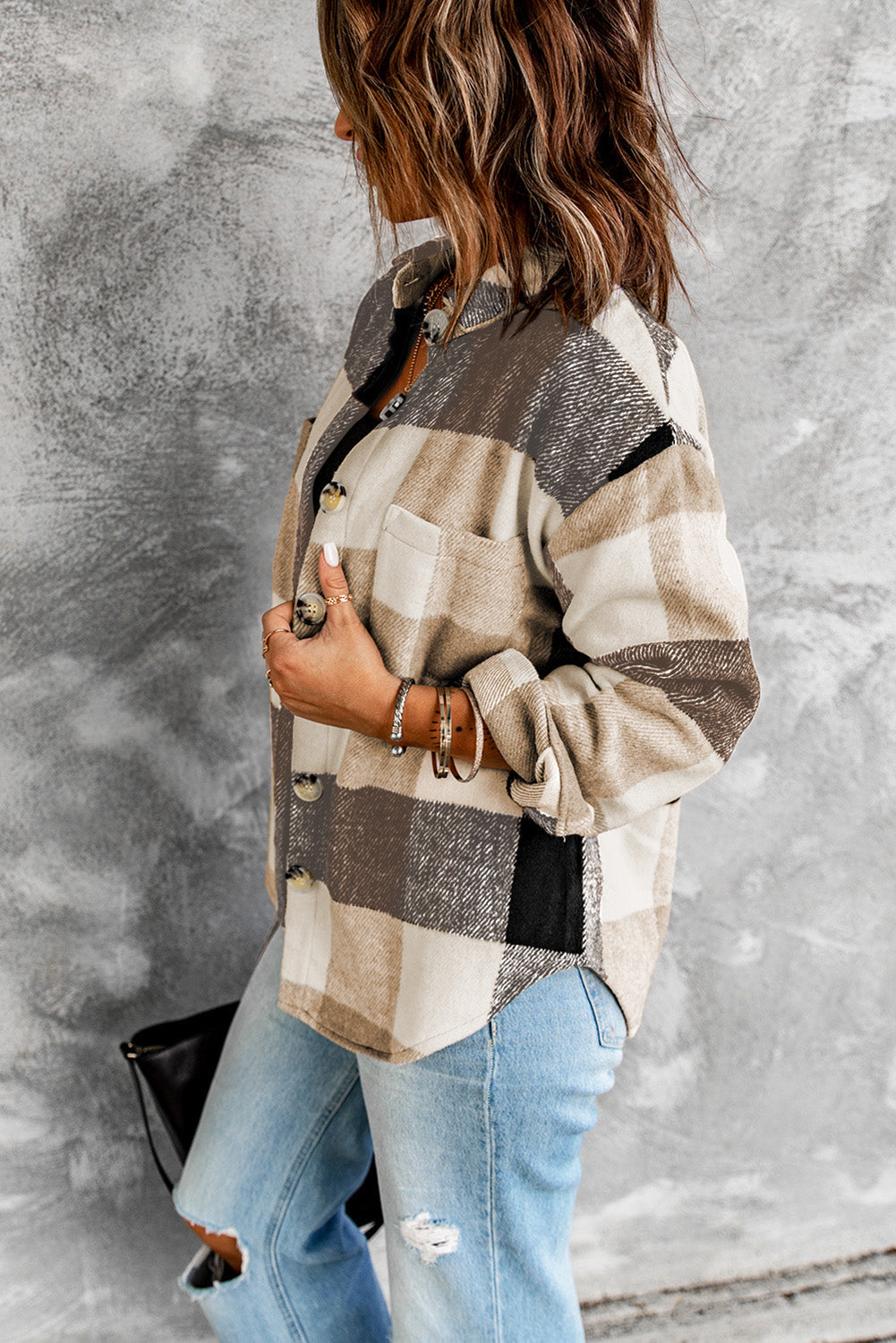 Chic Women's Khaki Plaid Color Block Button-Up Jacket with Pockets Stylish Long Sleeve Outerwear for Casual Fashion