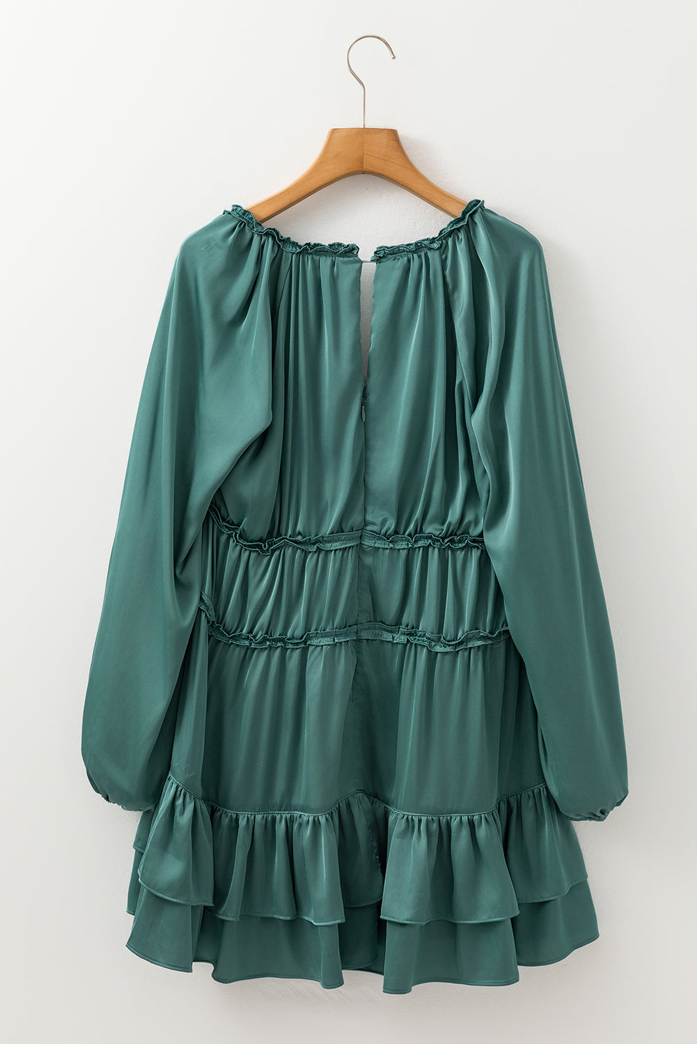 Women's Mist Green Puff Sleeve Mini Dress - Tiered Ruffled Design, Loose Fit, Ideal for Summer Outings and Casual Events