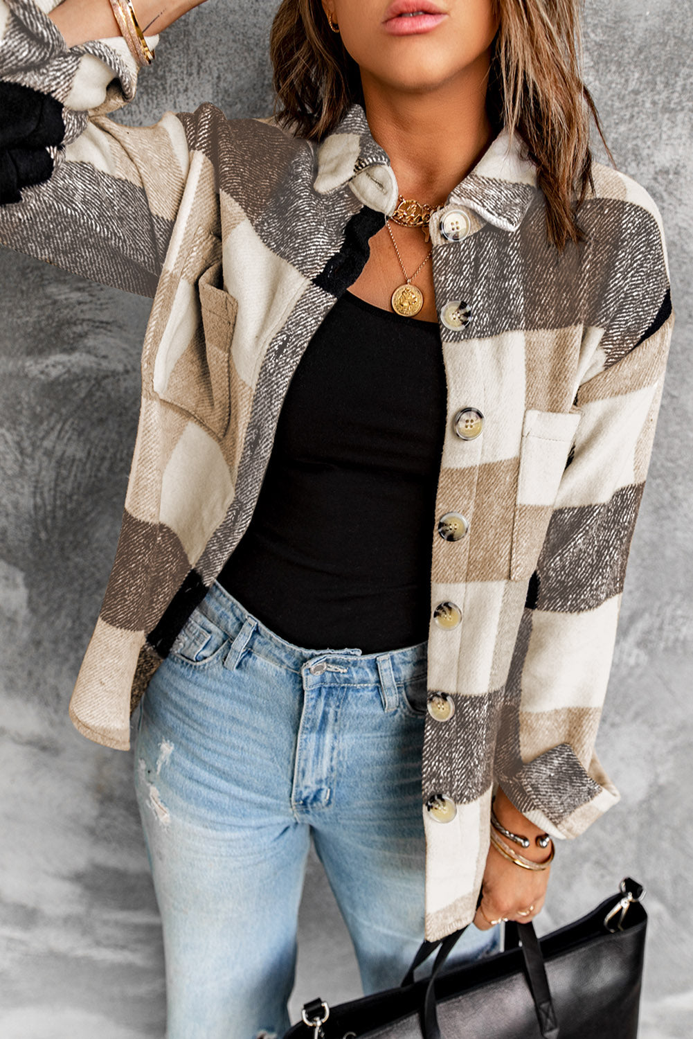 Chic Women's Khaki Plaid Color Block Button-Up Jacket with Pockets Stylish Long Sleeve Outerwear for Casual Fashion