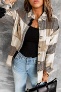 Chic Women's Khaki Plaid Color Block Button-Up Jacket with Pockets Stylish Long Sleeve Outerwear for Casual Fashion