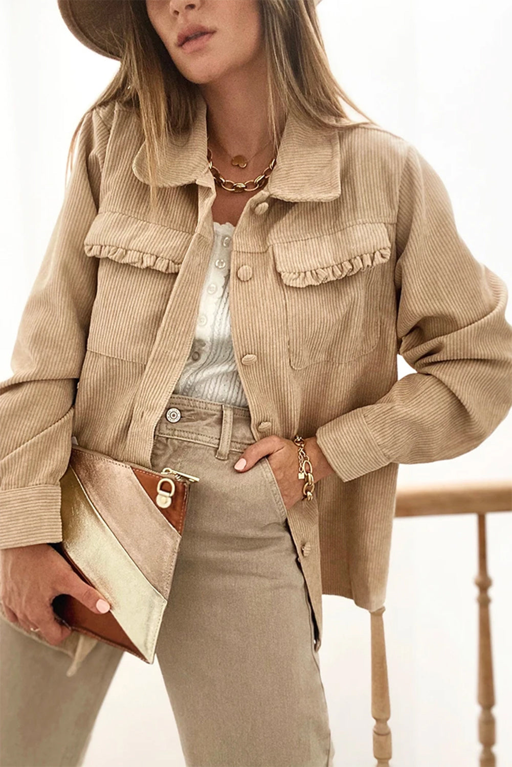 Women's Light Beige Corduroy Shacket with Frilled Pockets - Chic Button-Up Jacket for Casual Fall Fashion