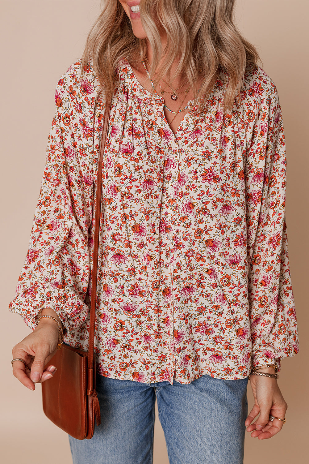 Elegant Women's Red Floral Blouse - Lightweight Short Sleeve Top with Feminine Touch for Casual and Dressy Events