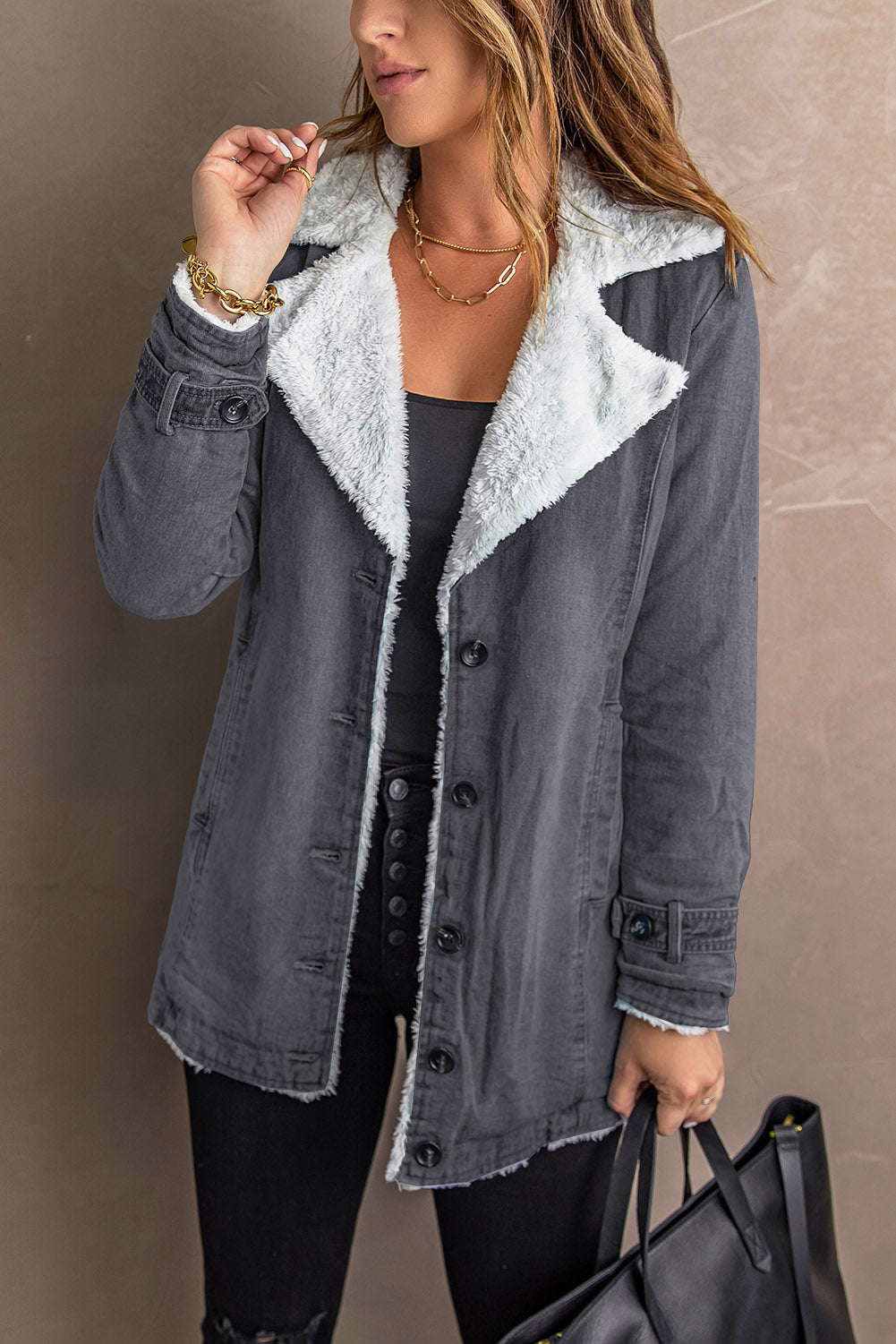 Faux Fur-Trimmed Denim Coat