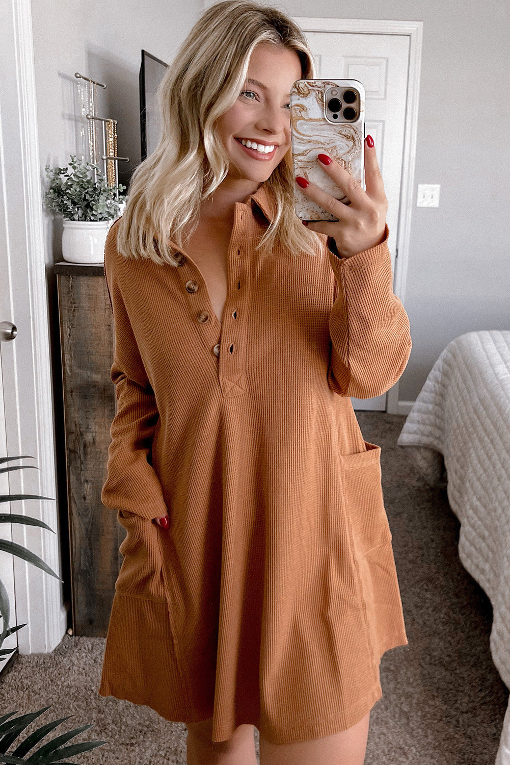 Chestnut Waffle Knit Dress for Women - Stylish Button Collar, Split Neck & Comfortable Fit for Casual or Dressy Events