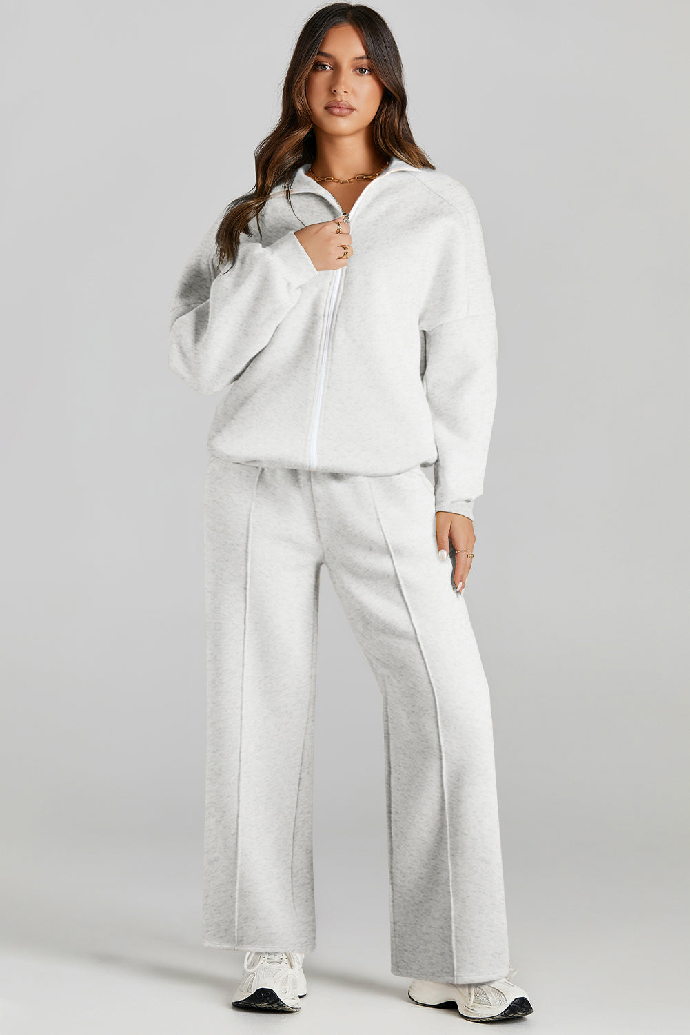Women's Light Grey Activewear Set: Drop Shoulder Zip-Up Jacket & Drawstring Pants for Stylish Comfort in Fitness