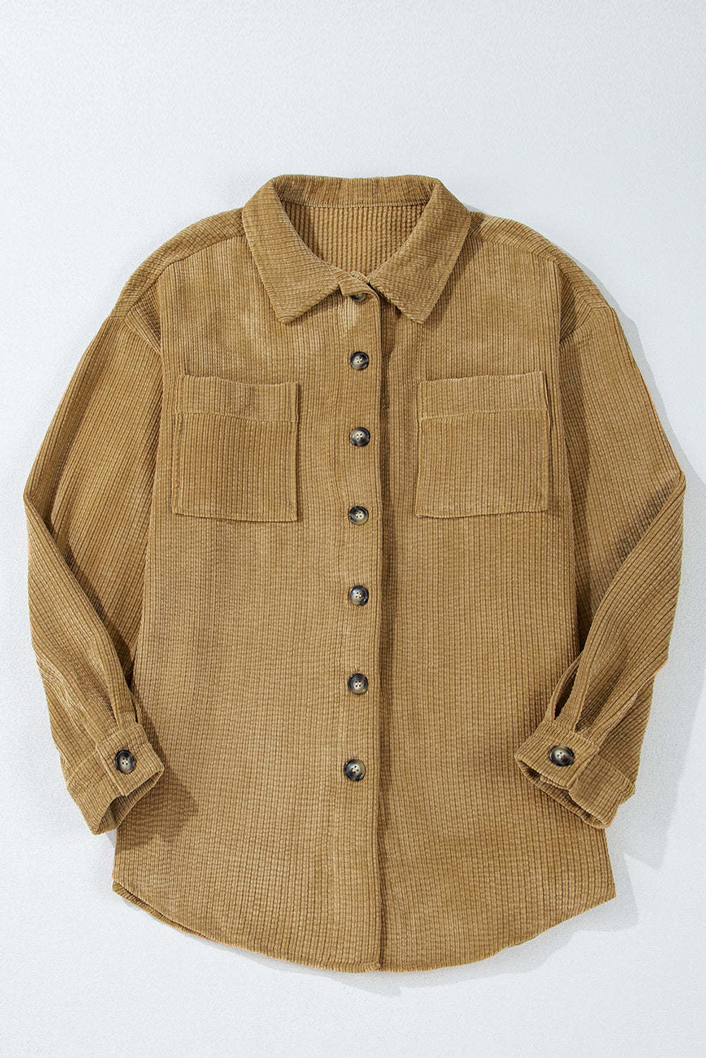 Stylish Women's Light Beige Corduroy Shacket with Patched Pockets - Chic Button-Up Jacket for Effortless Casual Outfits