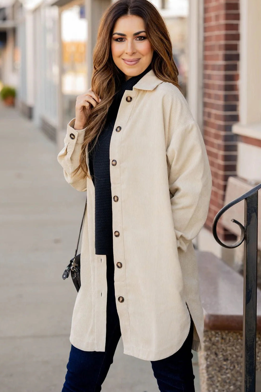 Trendy Women's Oversized Jet Stream Corduroy Shacket with Side Slits - Stylish Casual Fall Layering Jacket