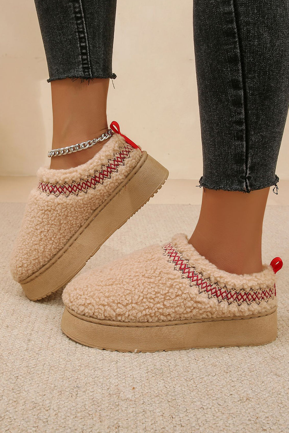 Cozy Women's Oatmeal Sherpa Snow Boots with Embroidery and Thick Sole for Stylish Winter Comfort