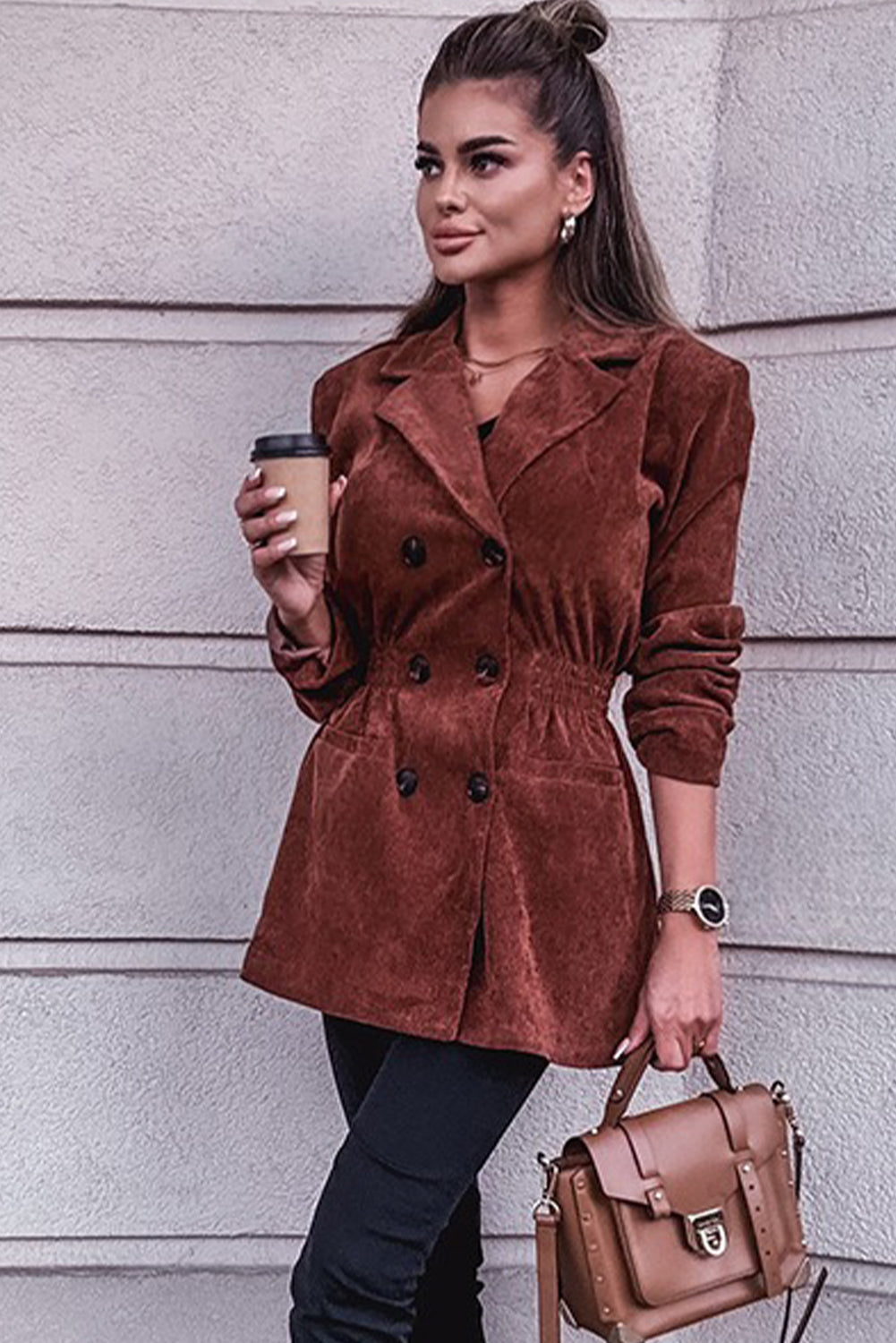 Chic Women's Coffee Corduroy Blazer with Smocked Waist - Stylish Double-Breasted Jacket for Office and Casual Outfits