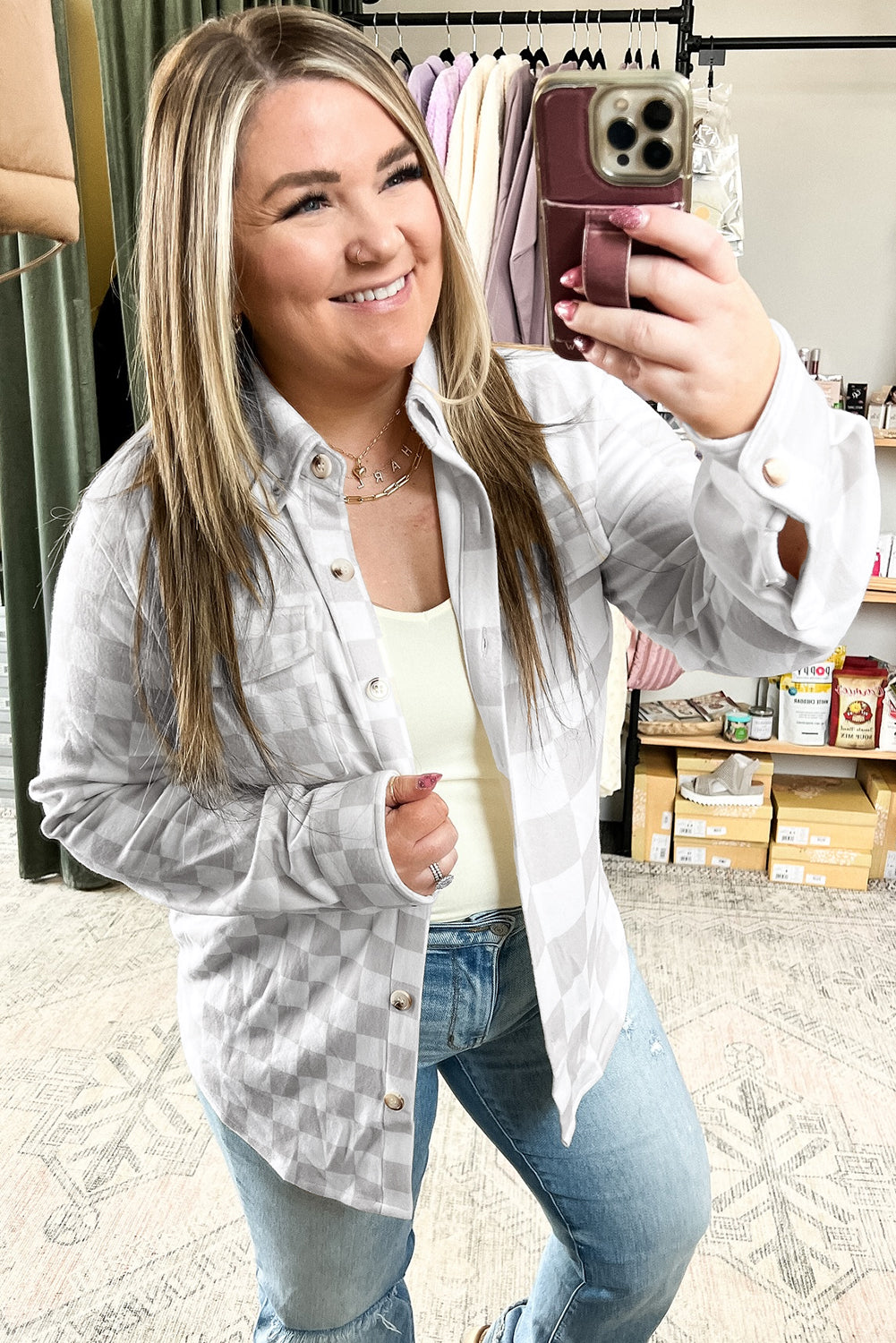 Stylish Women's Khaki Checkered Casual Western Jacket with Button Front, Ideal for Everyday Chic Looks