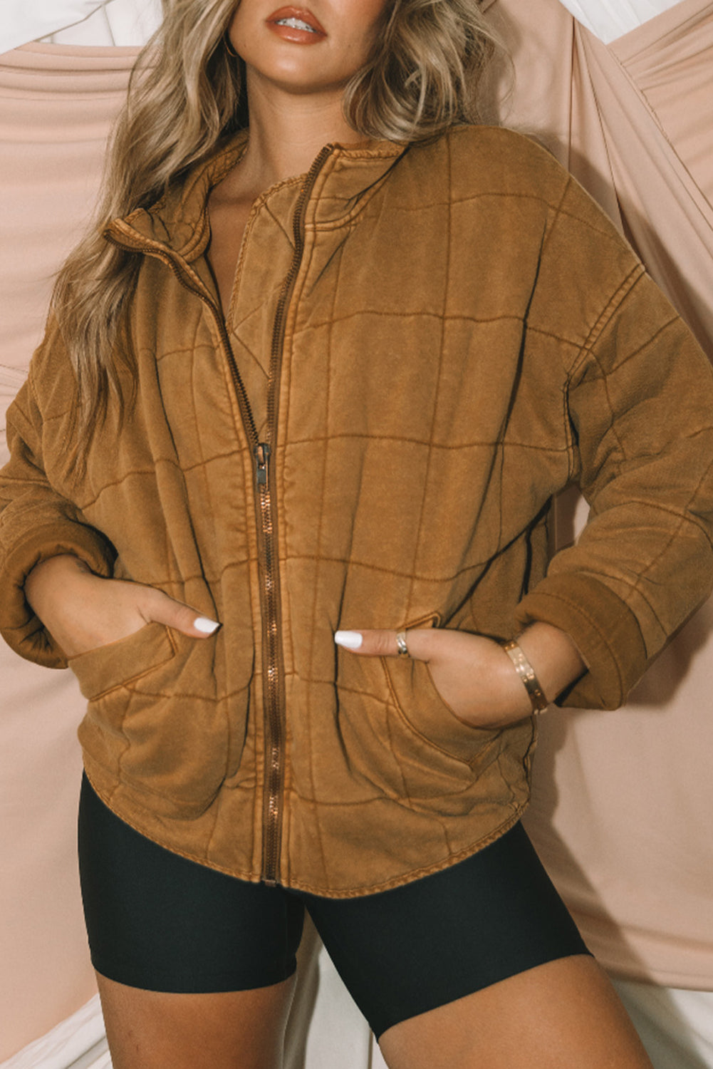Women's Cozy Chestnut Quilted Winter Jacket - Stylish Zip-Up Outerwear with Pockets for Warmth and Comfort