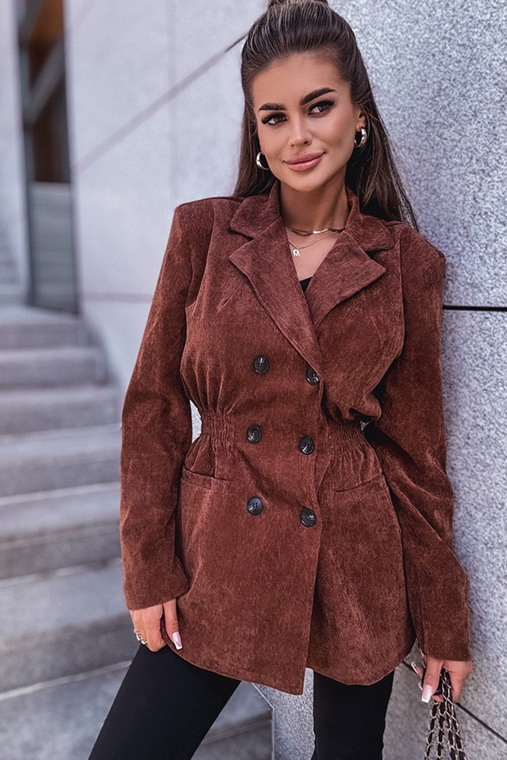 Chic Women's Coffee Corduroy Blazer with Smocked Waist - Stylish Double-Breasted Jacket for Office and Casual Outfits
