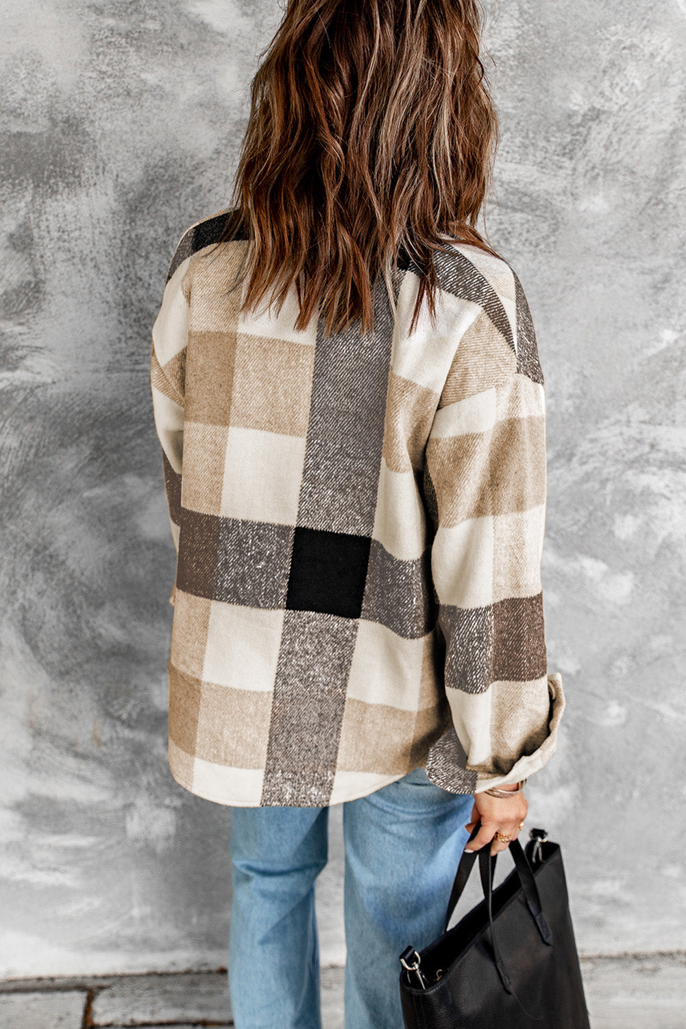 Chic Women's Khaki Plaid Color Block Button-Up Jacket with Pockets Stylish Long Sleeve Outerwear for Casual Fashion
