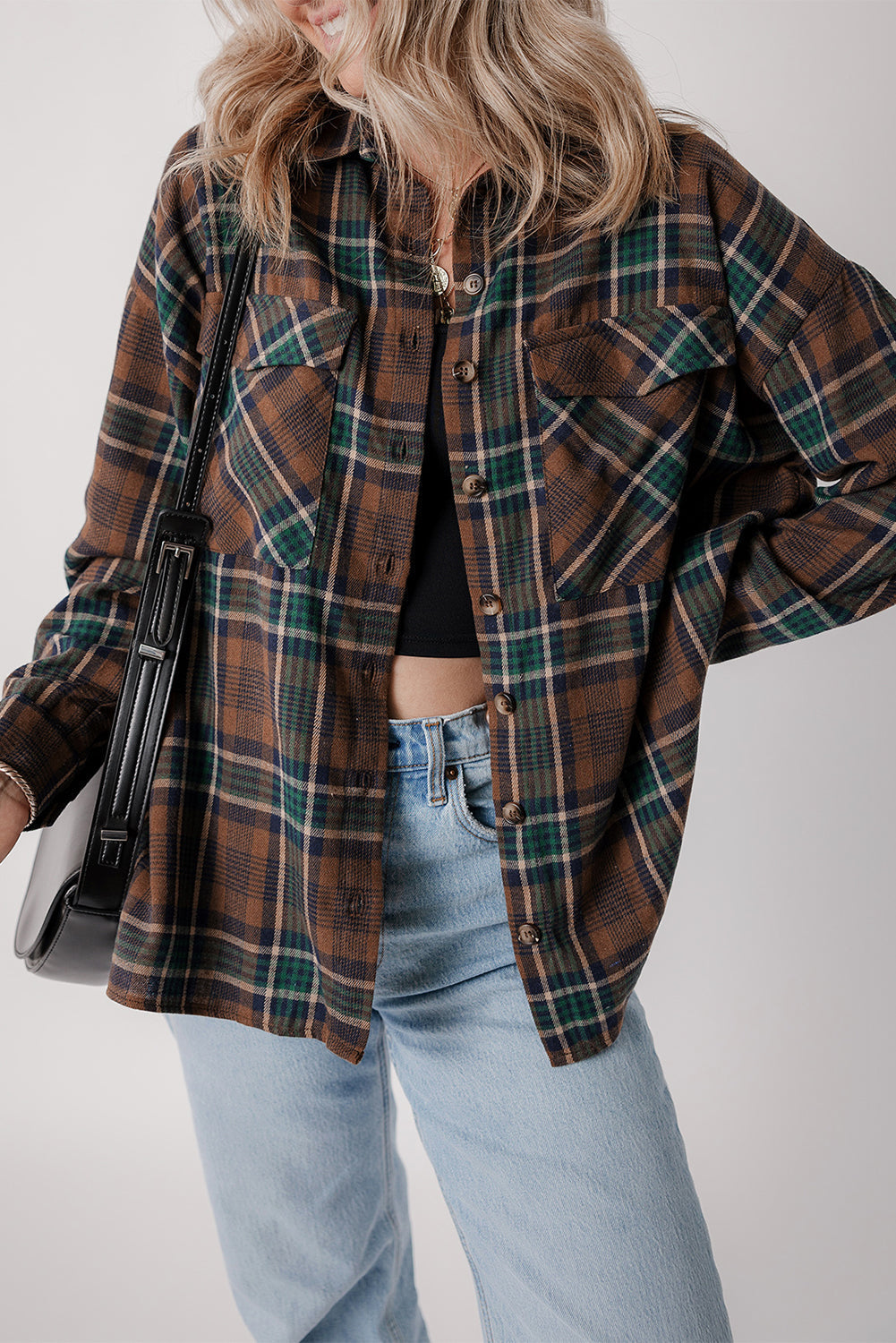 Stylish Women's Brown Plaid Button-Up Shirt Jacket with Chest Pockets Versatile Outerwear for Casual & Chic Looks