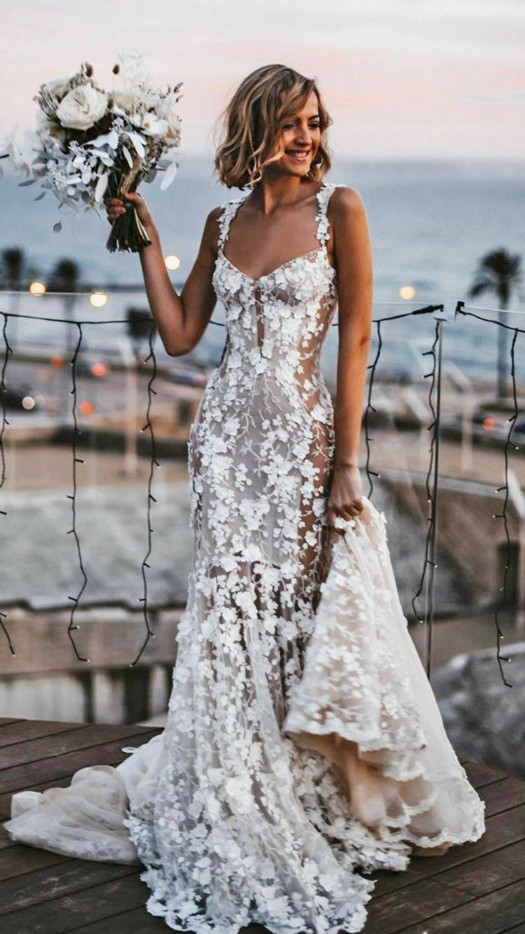 Romantic Mermaid Wedding Dress – V-Neck, Lace Appliqués & 3D Floral Details, Custom Made