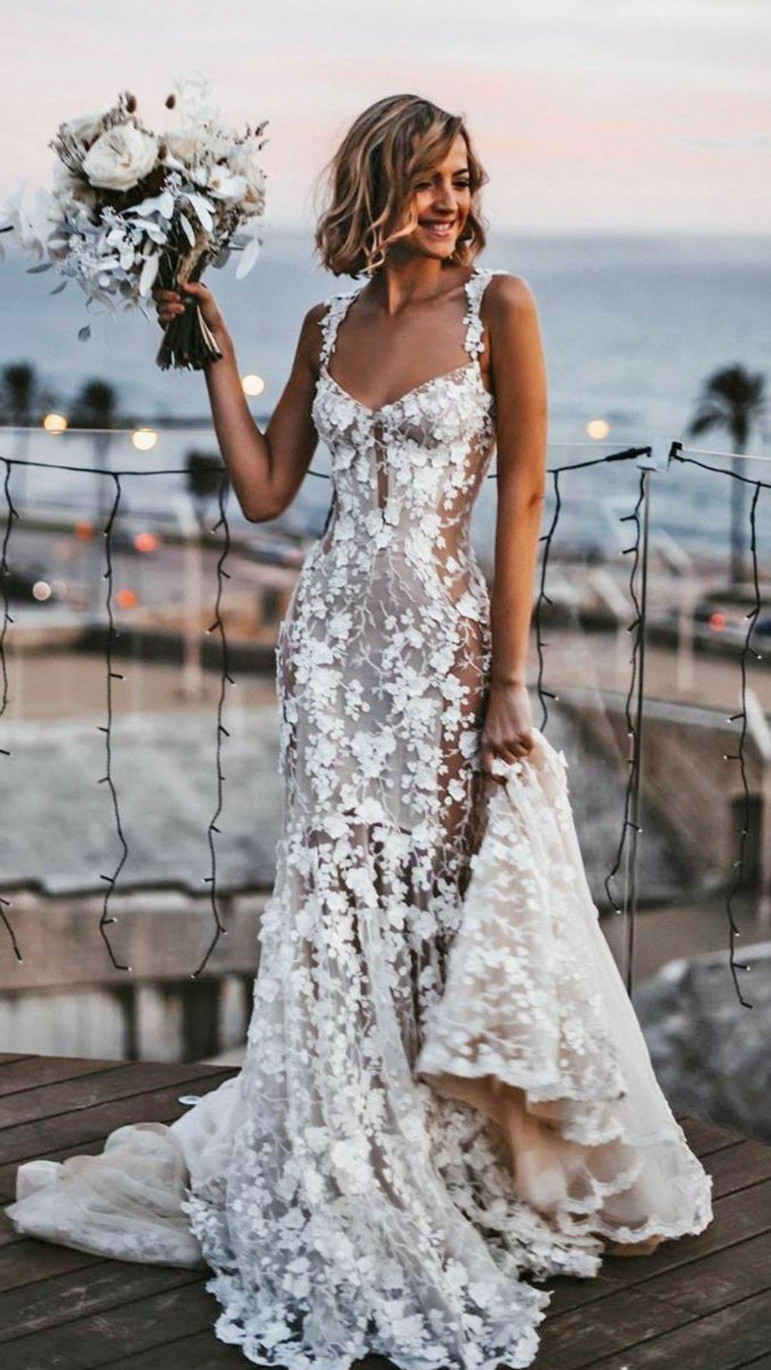 Romantic Mermaid Wedding Dress – V-Neck, Lace Appliqués & 3D Floral Details, Custom Made
