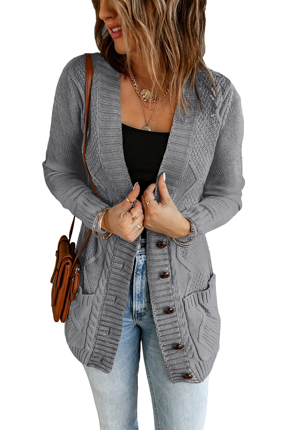 Stylish Women's Dark Gray Cardigan with Front Pockets and Button Closure - Cozy Layer for Casual or Dressy Outfits