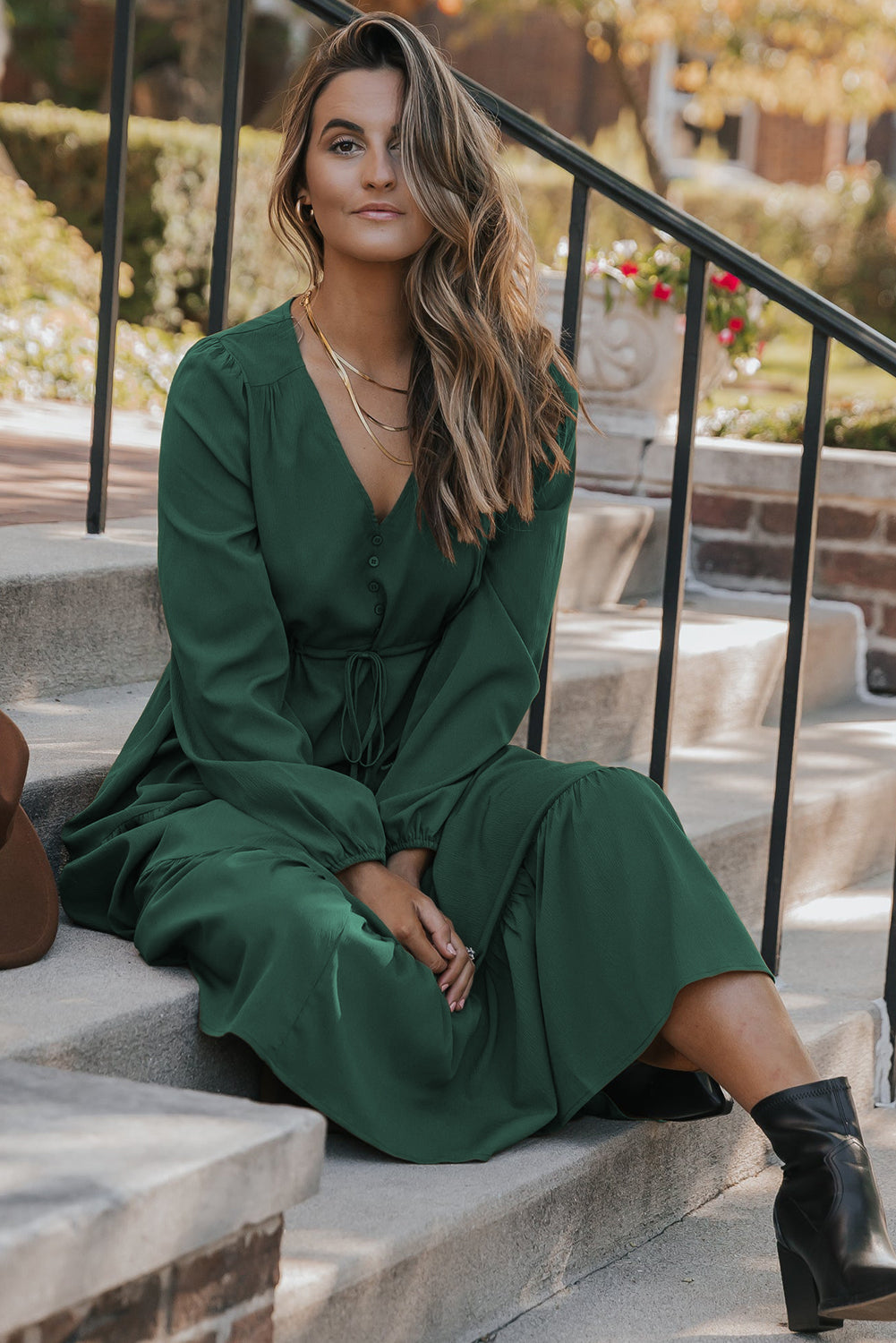 Elegant Blackish Green Tiered Maxi Dress for Women - Long Sleeve, Button V-Neck, Perfect for Special Occasions