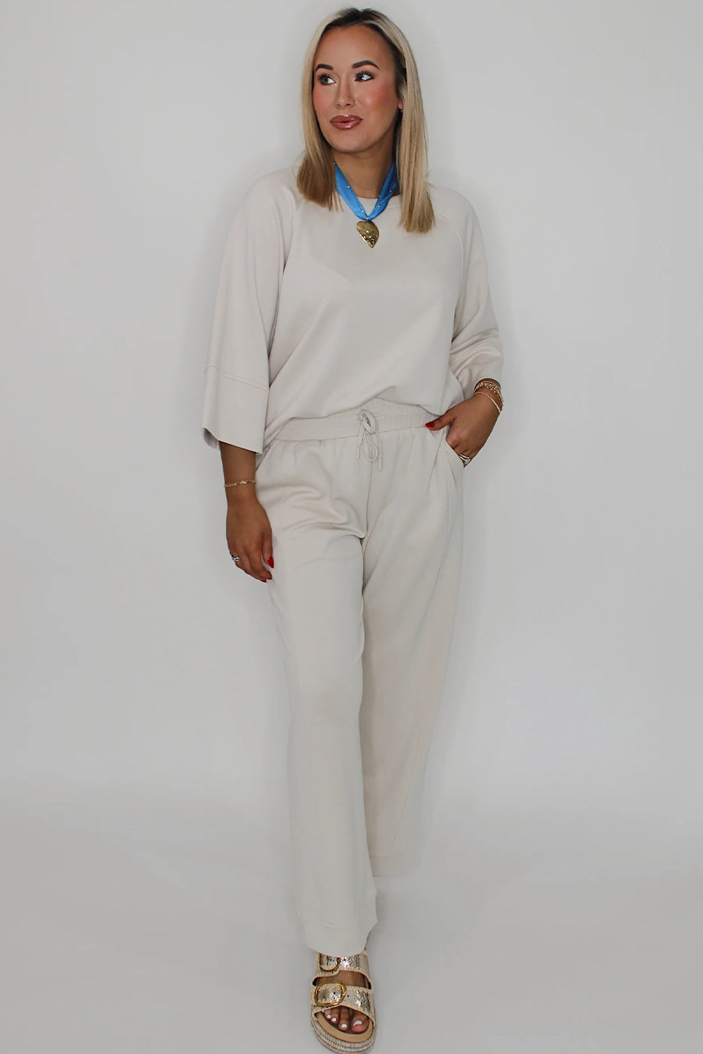 Women's Jet Stream Solid 3/4 Sleeve Loose Pullover & Drawstring Pants Set - Comfortable Casual Outfit in Versatile Color