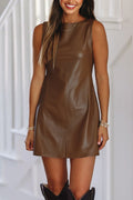 Chic Women's Coffee Vegan Leather Sleeveless Mini Dress - Stylish Party Outfit for Night Outs and Special Occasions
