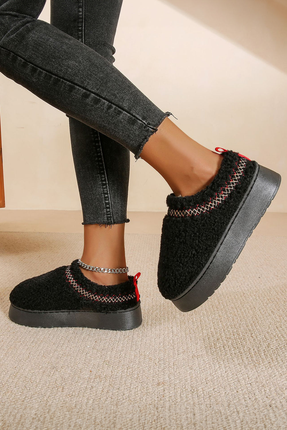 Women's Embroidered Black Sherpa Plush Snow Boots with Thick Sole for Cozy Comfort and Chic Winter Style