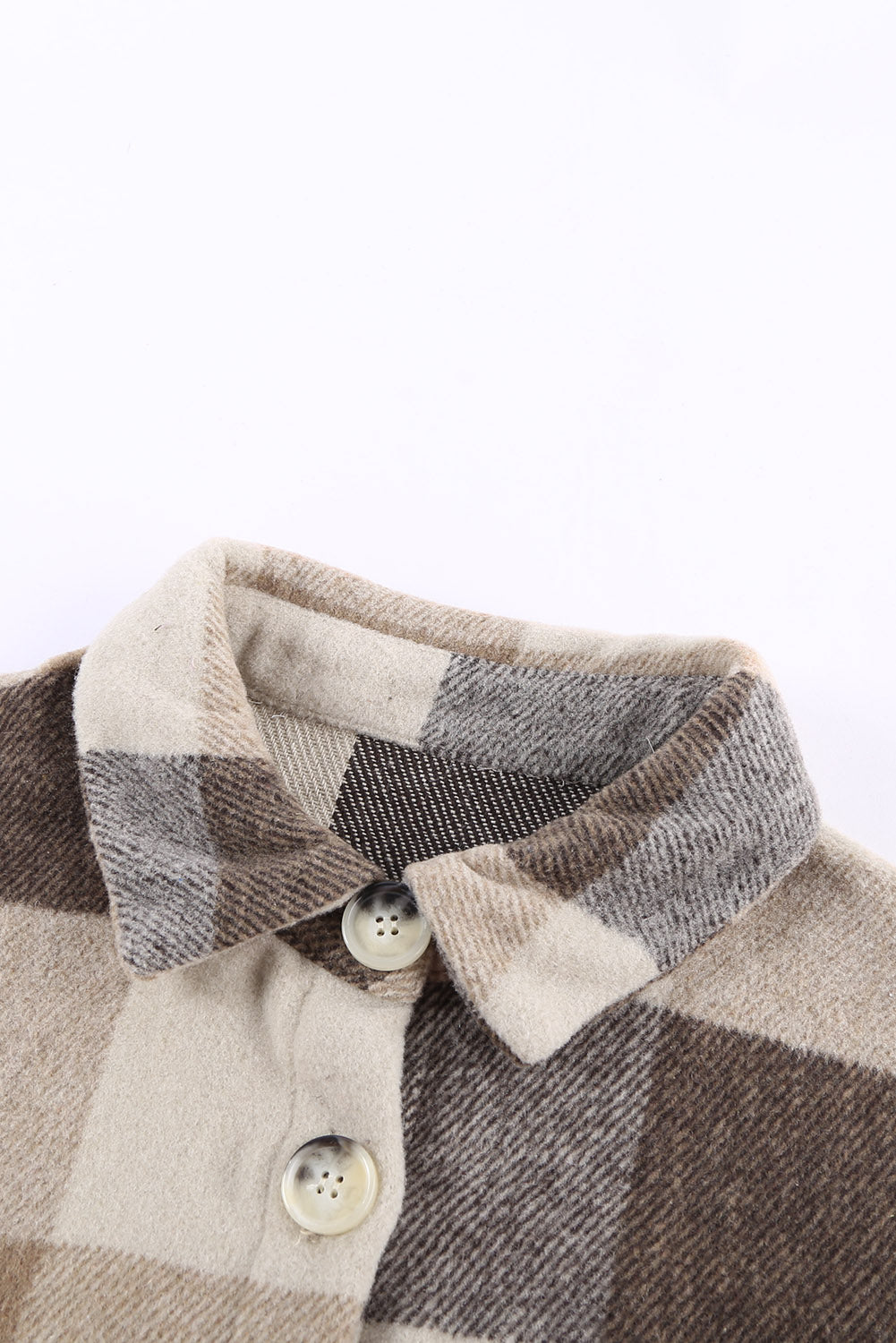 Chic Women's Khaki Plaid Color Block Button-Up Jacket with Pockets Stylish Long Sleeve Outerwear for Casual Fashion