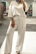 Women's Jet Stream Solid 3/4 Sleeve Loose Pullover & Drawstring Pants Set - Comfortable Casual Outfit in Versatile Color