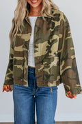 Women's Green Retro Camouflage Denim Jacket with Flap Pockets and Button Closure Stylish Casual Outerwear