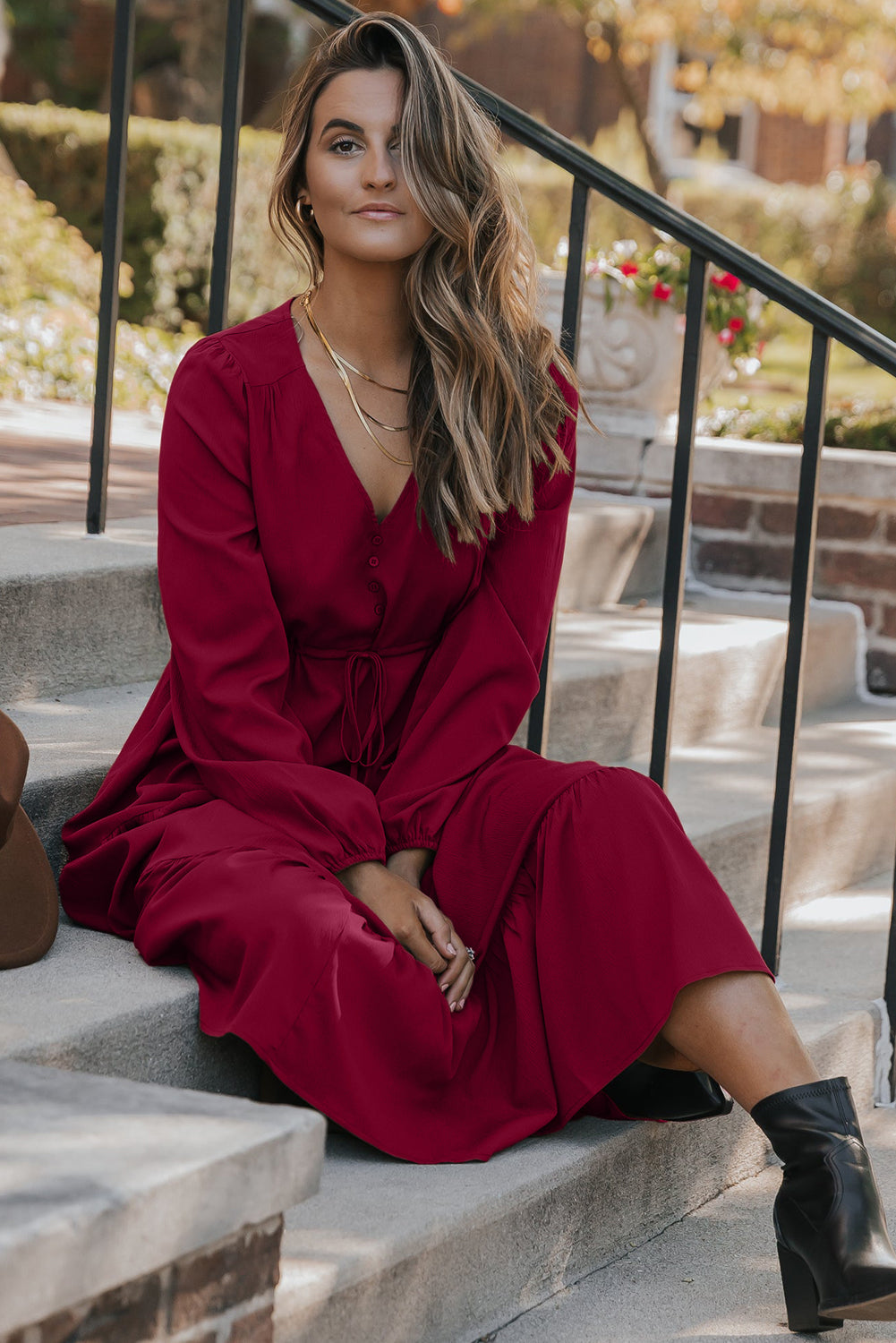 Elegant Burgundy Long Sleeve V-Neck Tiered Maxi Dress for Women Flowy Fit Perfect for Parties and Special Occasions