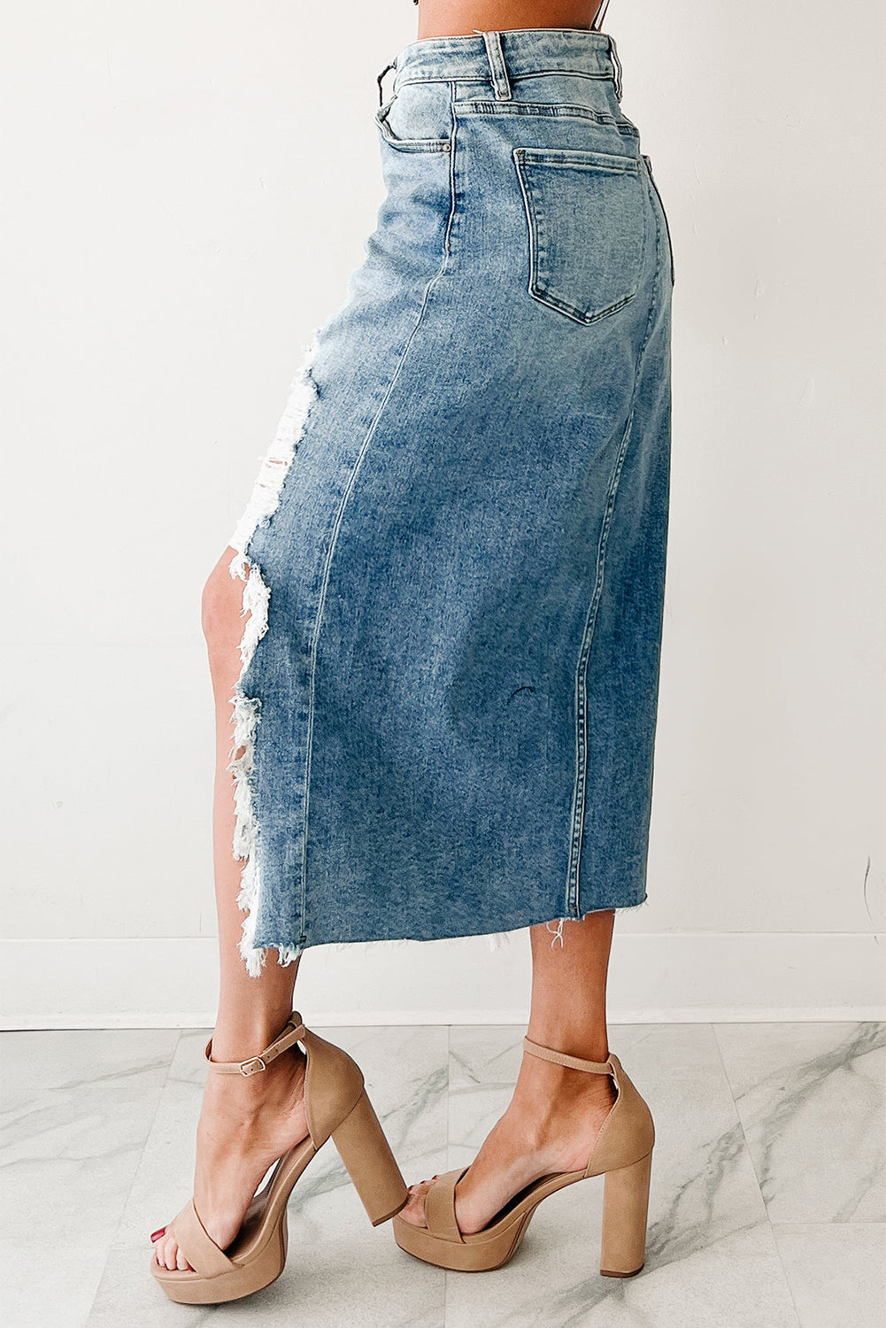 women's light wash high-waisted distressed denim skirt for women - casual summer style, effortless fit for everyday wear made for easy styling and