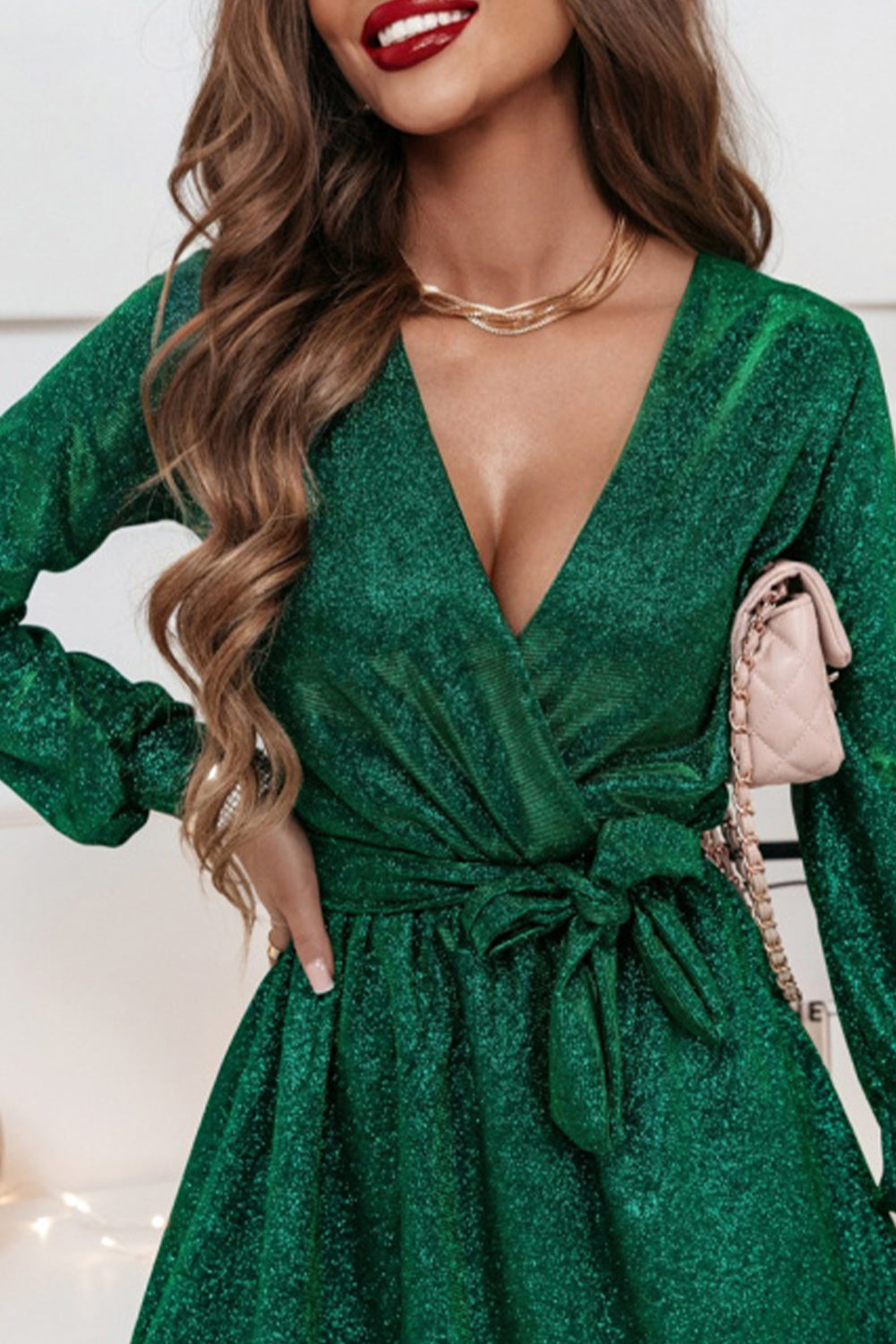 Chic Women's Blackish Green Metallic Mini Dress with V-Neck, Tied Waist, and Long Sleeves for Effortless Style
