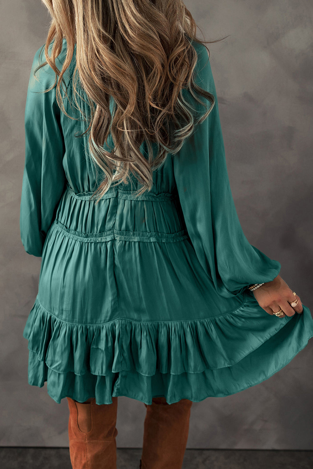 Women's Mist Green Puff Sleeve Mini Dress - Tiered Ruffled Design, Loose Fit, Ideal for Summer Outings and Casual Events
