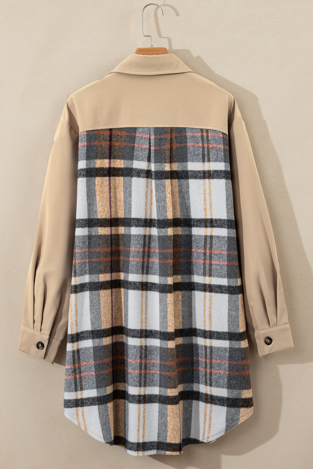 Chic Women's Khaki Plaid Mini Dress with Long Sleeves and Trendy Patchwork Detail for Effortless Casual Style