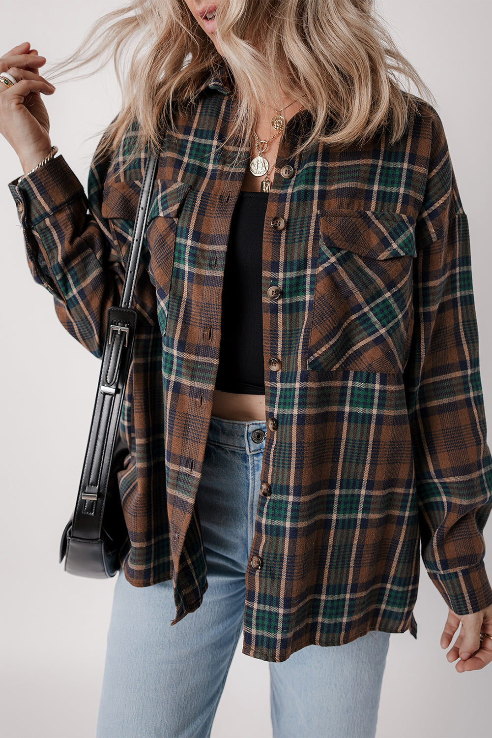 Stylish Women's Brown Plaid Button-Up Shirt Jacket with Chest Pockets Versatile Outerwear for Casual & Chic Looks