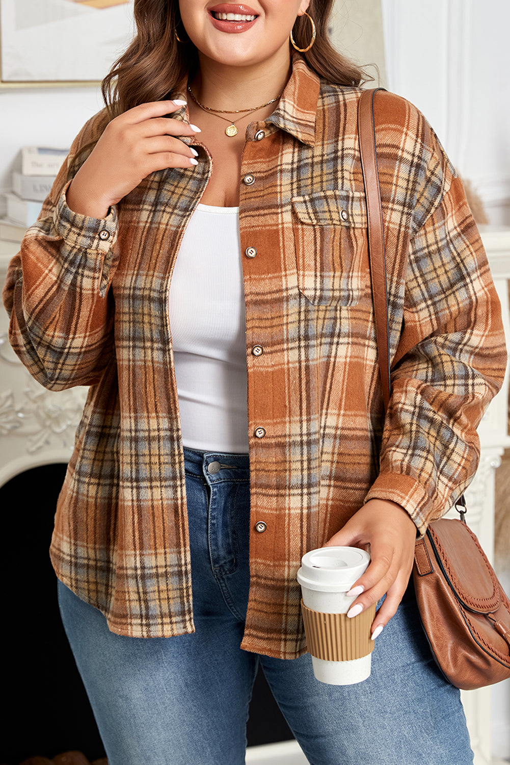 Plus Size Women's Cozy Plaid Shacket Jacket - Trendy Layer for Fall Style & Casual Outings