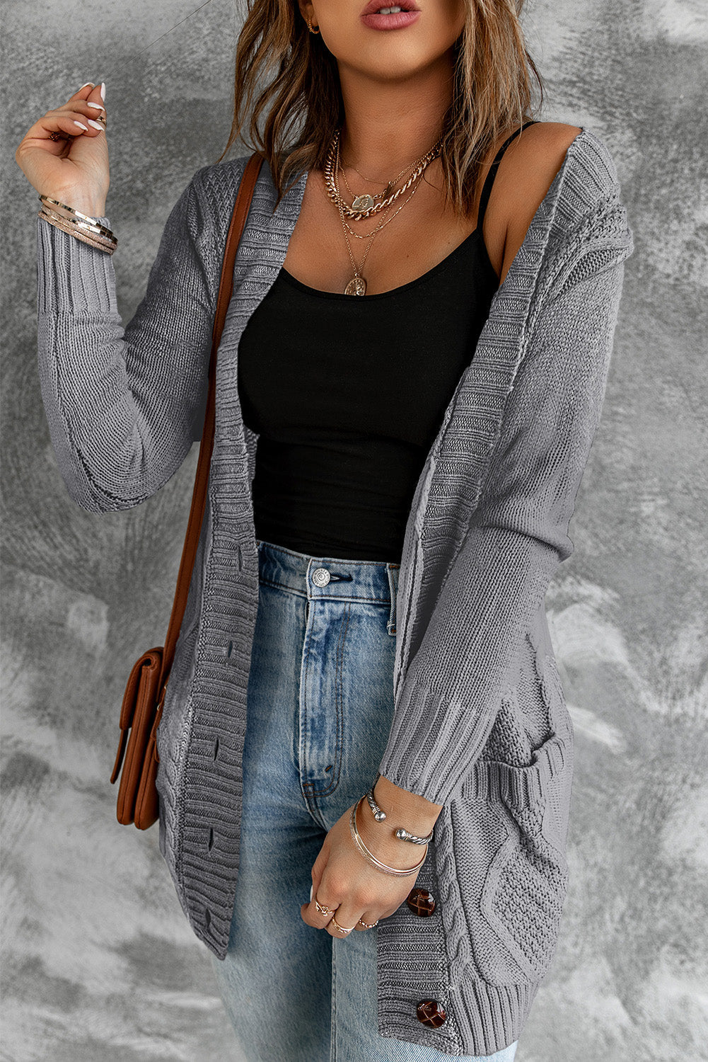 Stylish Women's Dark Gray Cardigan with Front Pockets and Button Closure - Cozy Layer for Casual or Dressy Outfits
