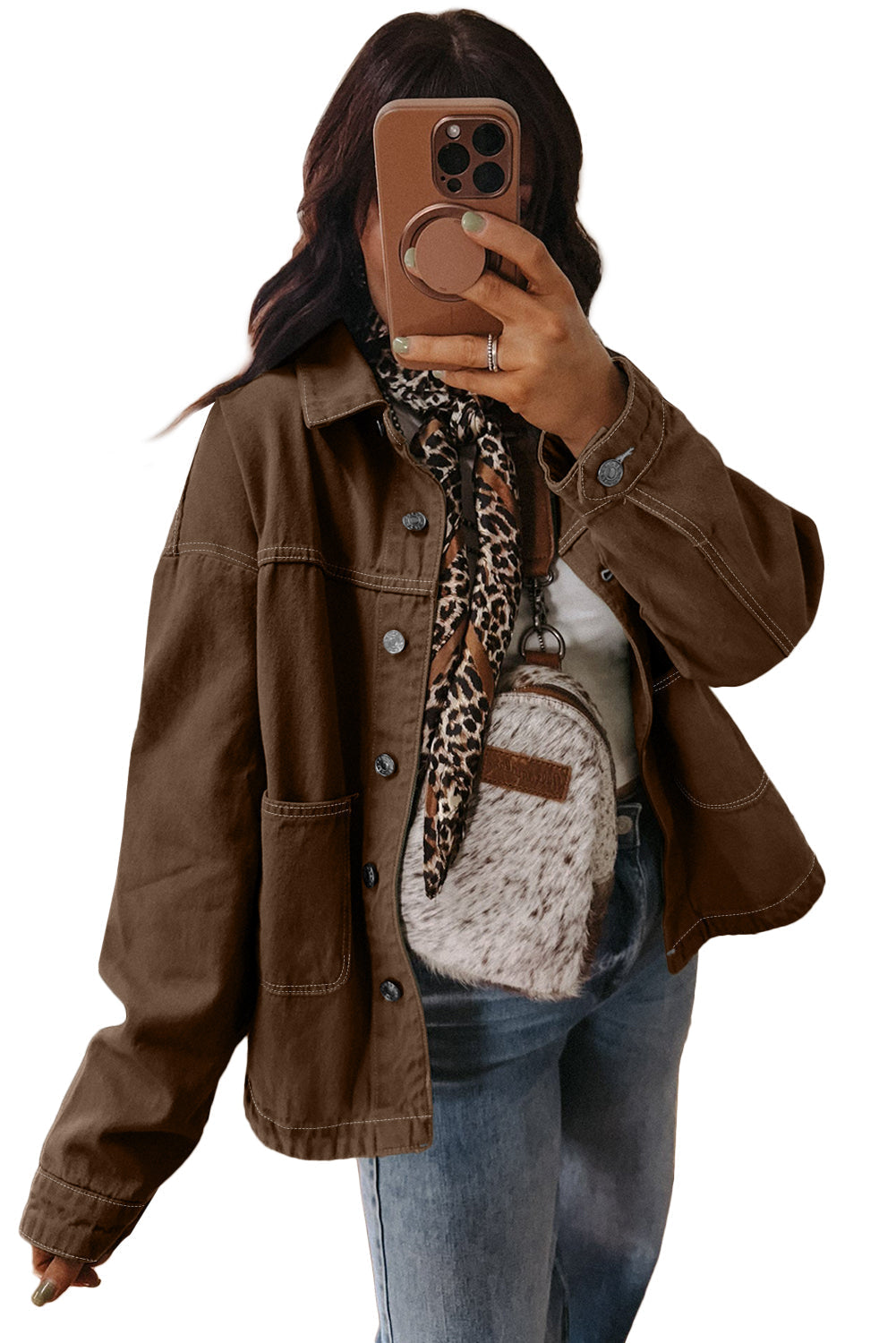 Trendy Women's Coffee Denim Jacket with Patched Pockets, Collared Button Front, Relaxed Fit for Effortless Style