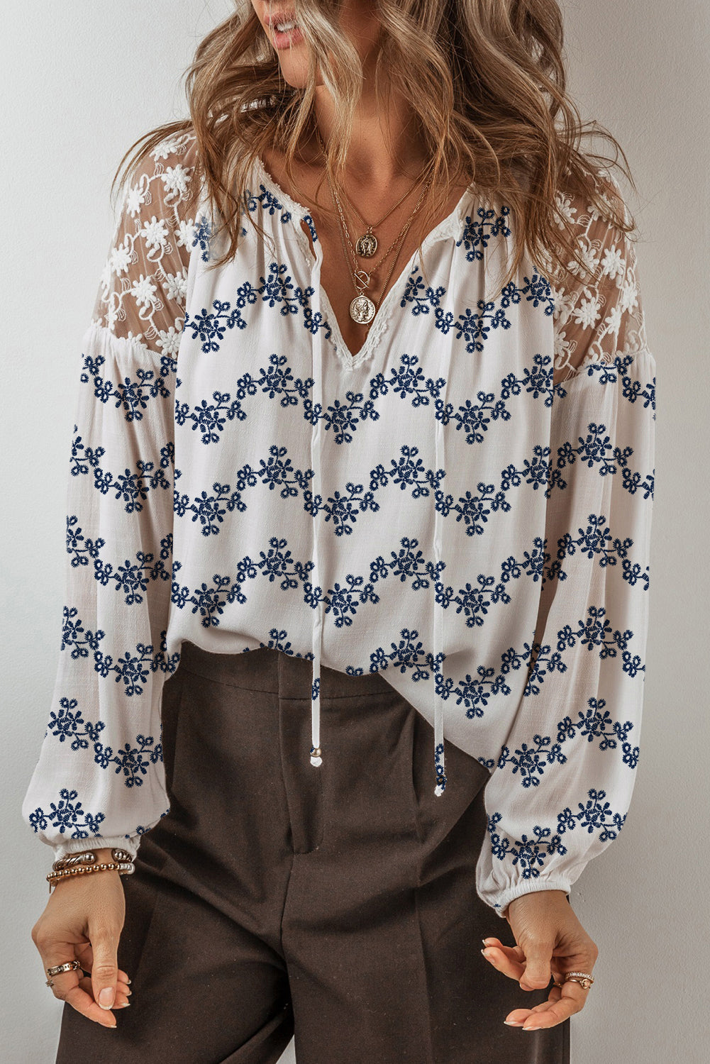 Chic Ivory Lace Patchwork Blouse for Women - Lightweight, Versatile Top for Casual and Dressy Occasions