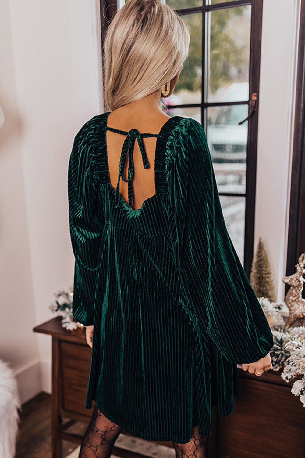 Emerald Green Velvet Babydoll Dress for Women - Flattering Tie Back, Square Neck Design Perfect for Every Occasion