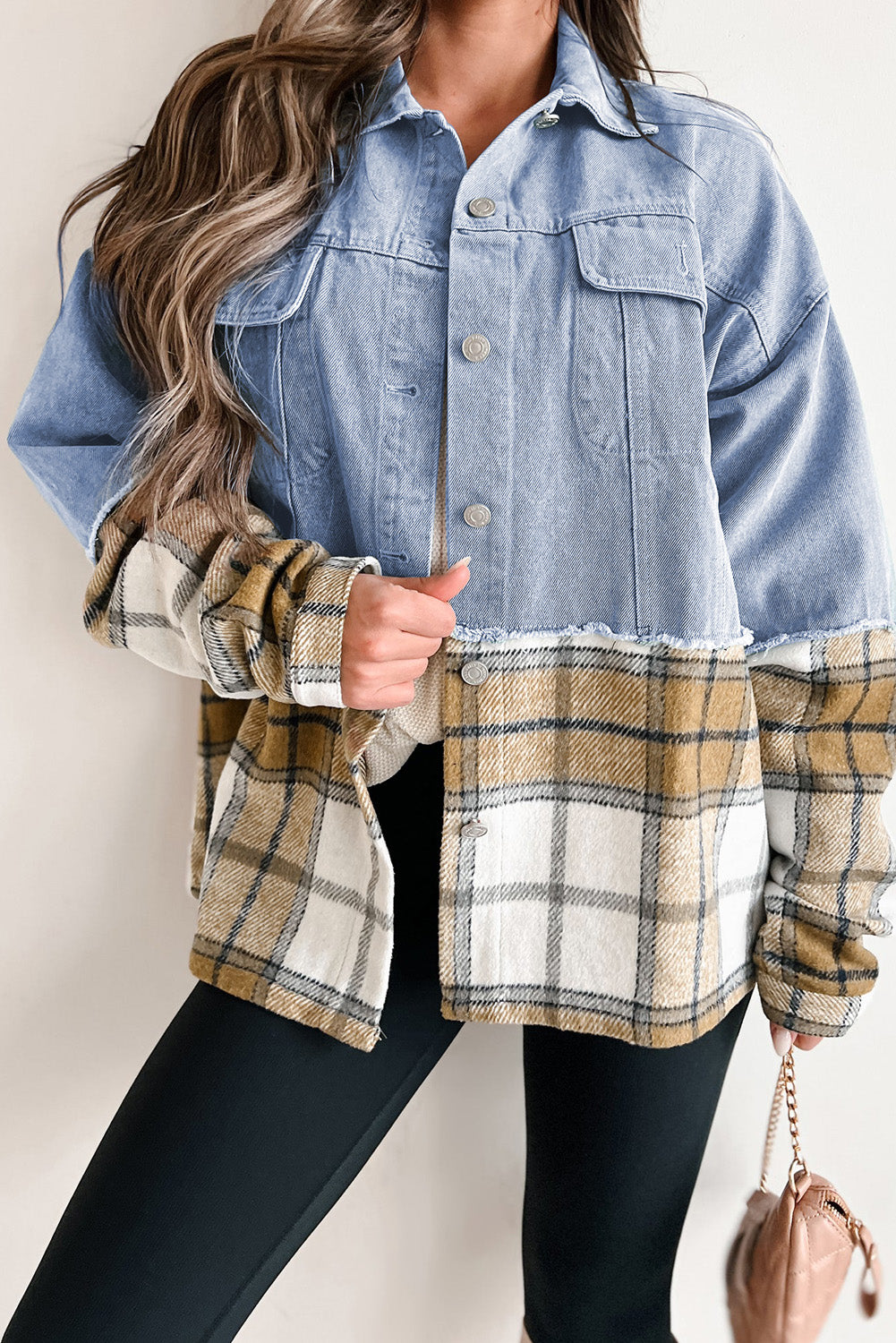 Trendy Women's Khaki Plaid Oversized Denim Jacket with Button Closure Chic Casual Outerwear for Effortless Style