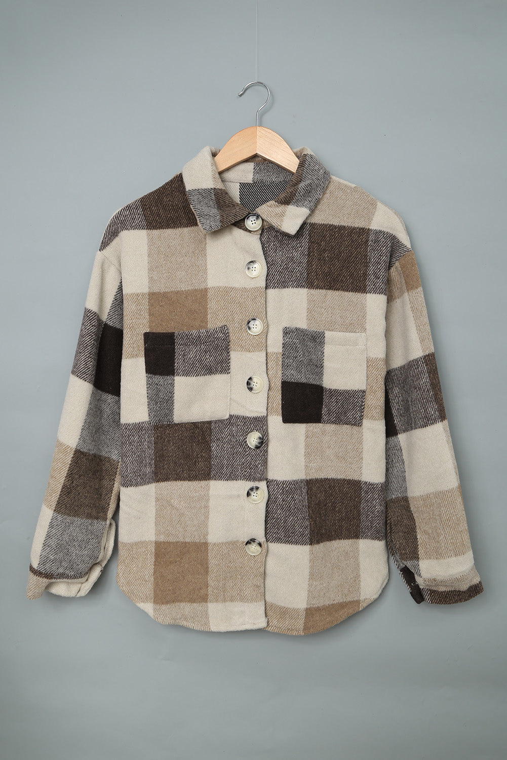 Chic Women's Khaki Plaid Color Block Button-Up Jacket with Pockets Stylish Long Sleeve Outerwear for Casual Fashion
