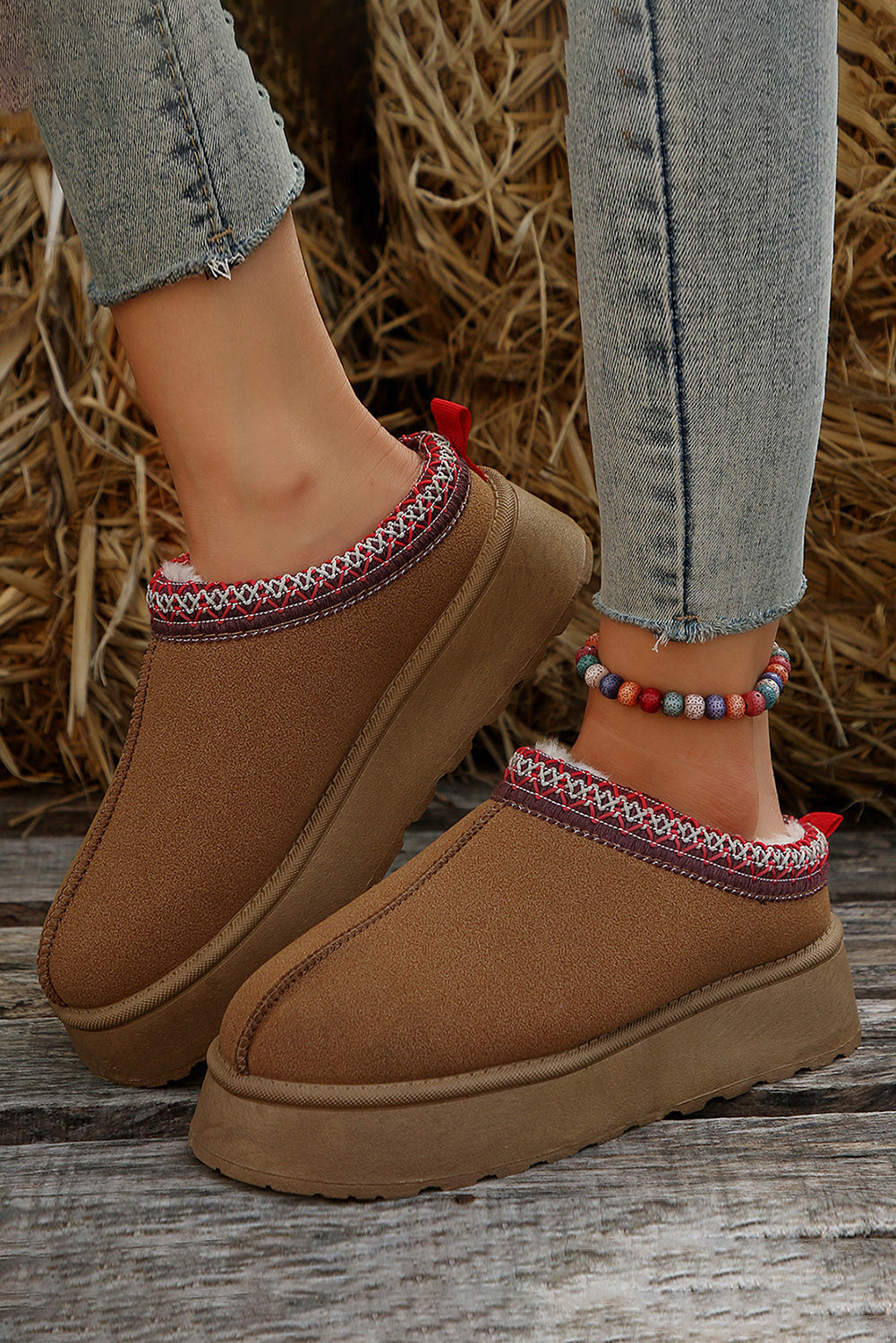 Women's Chestnut Suede Snow Boots with Plush Lining & Trendy Contrast Print for Cozy Winter Style