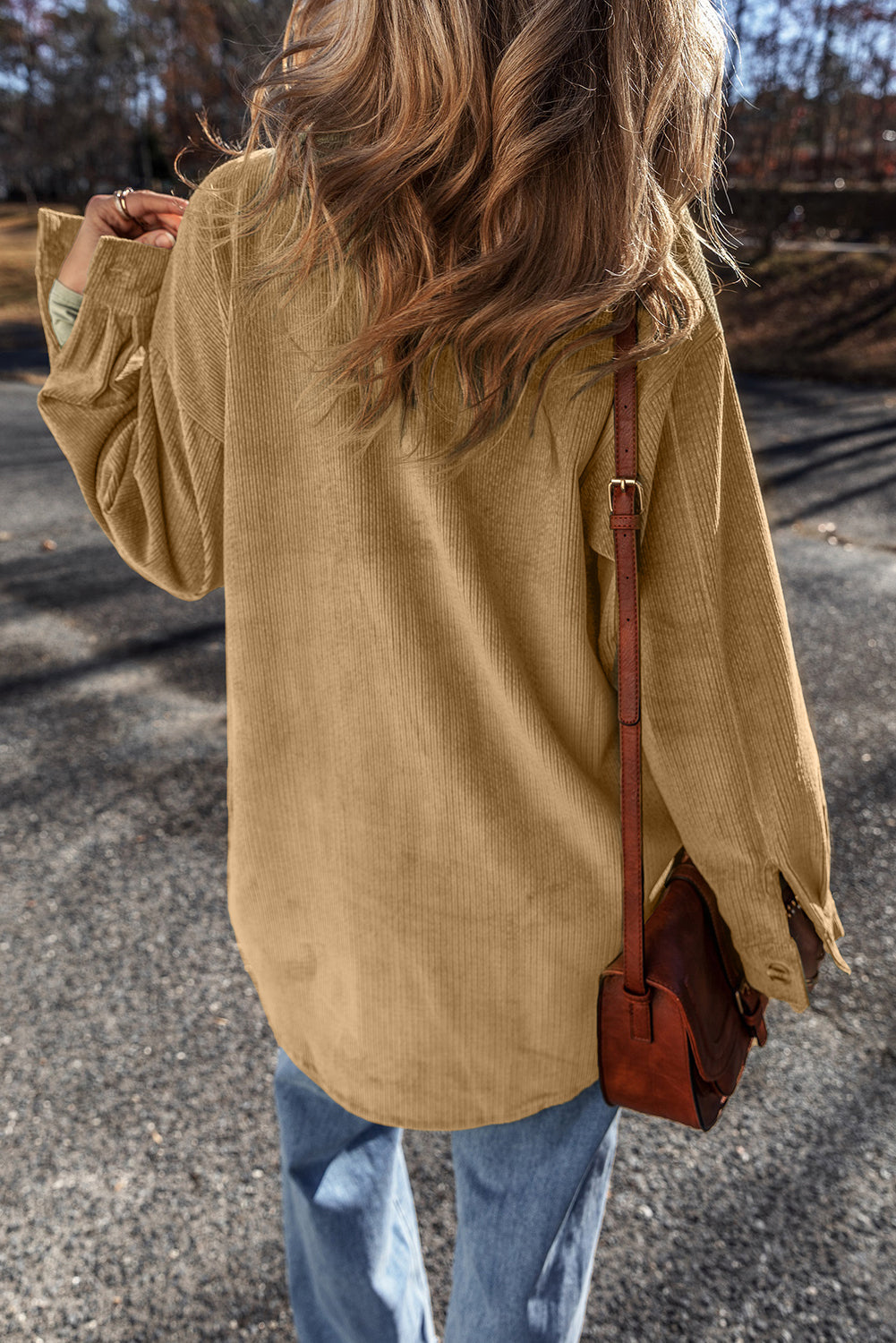 Stylish Women's Light Beige Corduroy Shacket with Patched Pockets - Chic Button-Up Jacket for Effortless Casual Outfits
